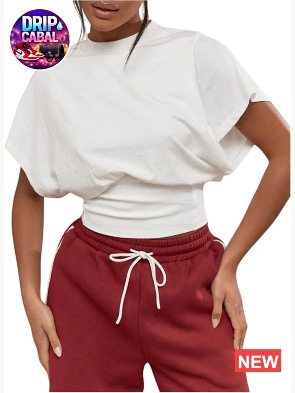 Dolman Bat Wing Crop Top with Cinched Waist - Cap Sleeve Crew Neck